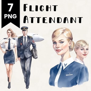 Flight Attendant Print Art Illustration Pilot Clipart Watercolor Plane Illustration Bundle Digital Design Bundle Clip Art POD