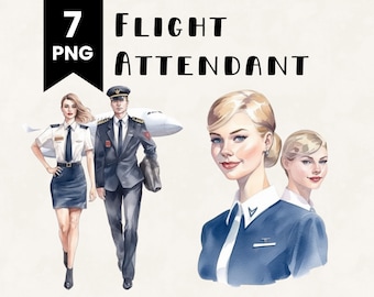 Watercolor Flight Attendant & Pilot Illustration Bundle (Digital PNG)