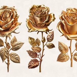 May include: Three golden roses with leaves and stems. The roses are in full bloom and have a shiny, metallic finish.