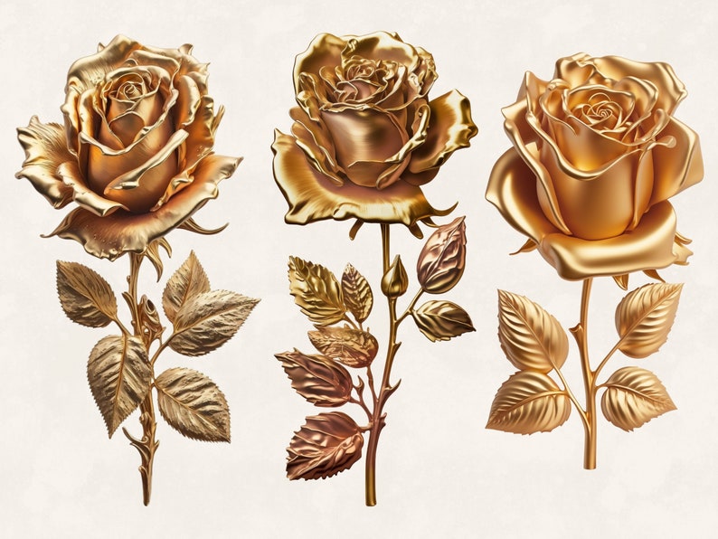 May include: Three golden roses with leaves and stems. The roses are in full bloom and have a shiny, metallic finish.