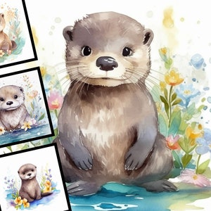 4 acuarela bebé nutria ilustración vivero arte comercial uso diseño Digital paquete animado nutria POD archivos JPG