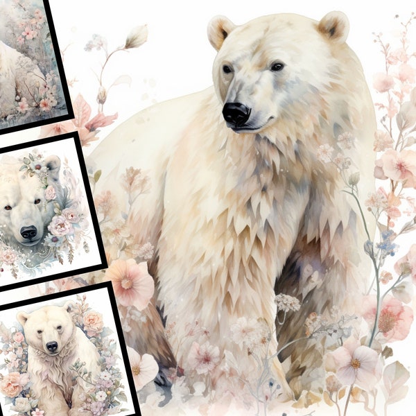 Polar Bear with Flowers Clipart Watercolor Illustration Commercial Use Digital Design Bundle for POD Sublimation Scrapbooking Collage