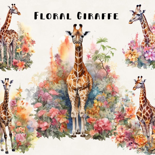 Giraffe Clipart Bundle Commercial Use Watercolor Giraffe in Field of Flowers Digital Design Bundle PNG Files