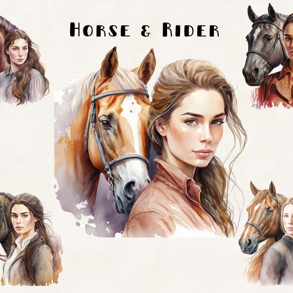 8 Watercolor Horse and Rider Clipart Bundle Farmhouse Art Commercial Use Digital Design Bundle Collage Crafts PNG files