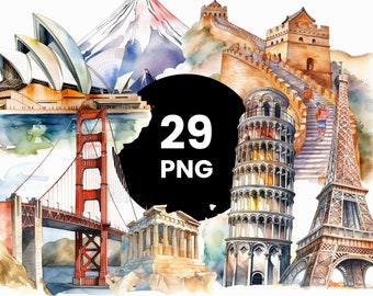 Pacote de clipart de marcos em aquarela: arte de viagem, uso comercial (29 arquivos PNG)