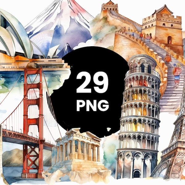 Ultimate Famous Landmarks Clipart Bundle Commercial Use Aquarelle Travel Landmarks Digital Design Bundle Fichiers PNG