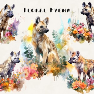 Hyena Clipart Bundle Commercial Use Watercolor Hyena in Field of Flowers Digital Design Bundle PNG Files