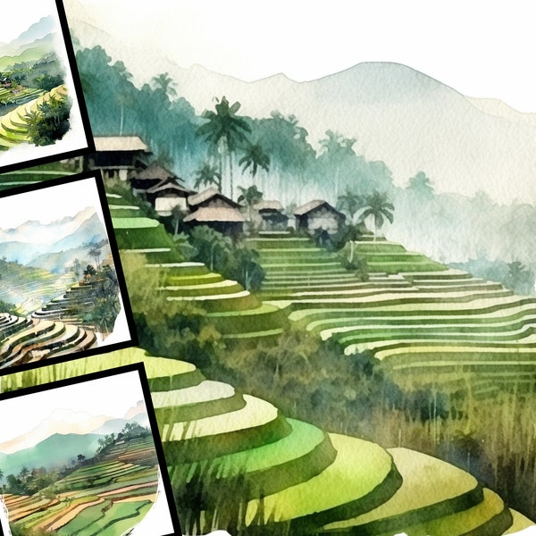 Rice Paddies Clipart Watercolor Commercial Use Digital Design Bundle for POD Sublimation Scrapbooking Collage Travel Landscape Clipart