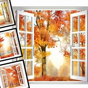 May include: Four white framed windows with a view of an autumn forest. The windows are open and the leaves on the trees are a mix of orange, yellow, and red.
