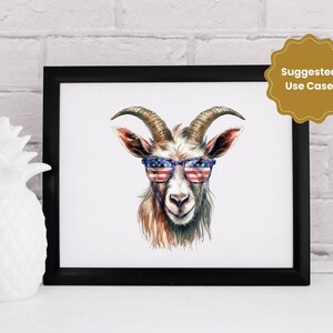 K&ouml;nnte beinhalten: Eine Aquarell-Illustration einer Ziege, die eine rot-wei&szlig;-blaue Sonnenbrille tr&auml;gt. Die Ziege hat braunes Fell und ein wei&szlig;es Gesicht. Die Sonnenbrille hat ein amerikanisches Flaggenmuster.