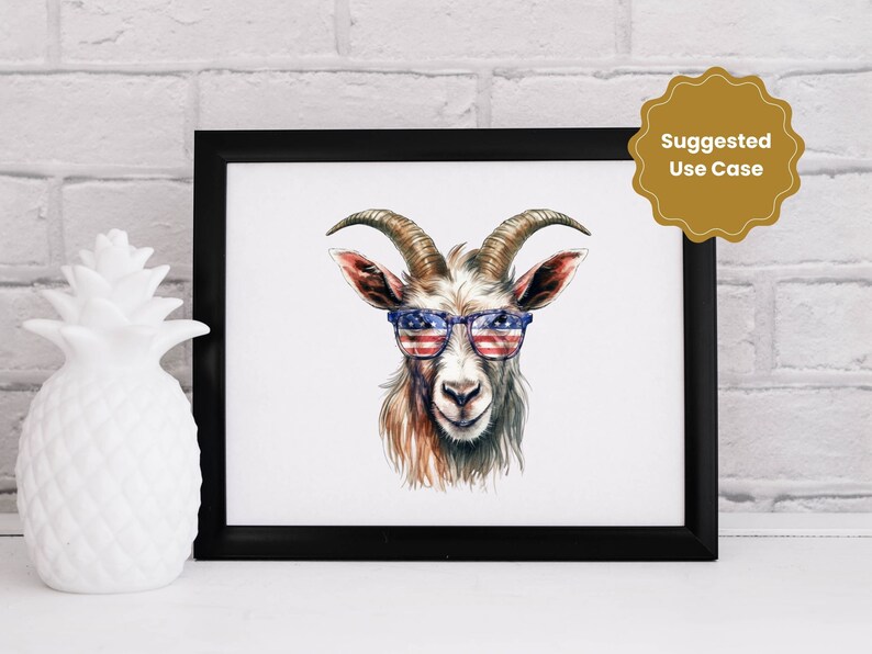 K&ouml;nnte beinhalten: Eine Aquarell-Illustration einer Ziege, die eine rot-wei&szlig;-blaue Sonnenbrille tr&auml;gt. Die Ziege hat braunes Fell und ein wei&szlig;es Gesicht. Die Sonnenbrille hat ein amerikanisches Flaggenmuster.