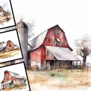Clipart de granero en acuarela: Paquete de arte digital de una casa de campo (uso comercial)