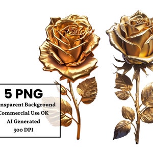 May include: Two golden roses with stems and leaves. The roses are in full bloom and have a shiny, metallic finish.