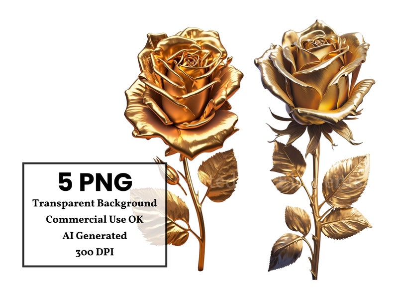 May include: Two golden roses with stems and leaves. The roses are in full bloom and have a shiny, metallic finish.