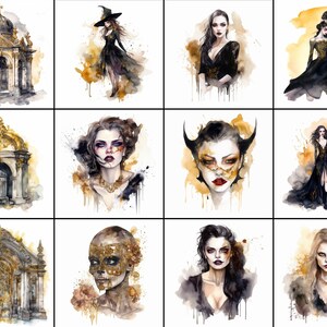 Pode incluir: Uma cole&ccedil;&atilde;o de 12 aquarelas que apresentam arquitetura g&oacute;tica, mulheres com maquiagem dram&aacute;tica e casais em trajes elegantes. As pinturas s&atilde;o sobre um fundo de lavagens de aquarela douradas e pretas.