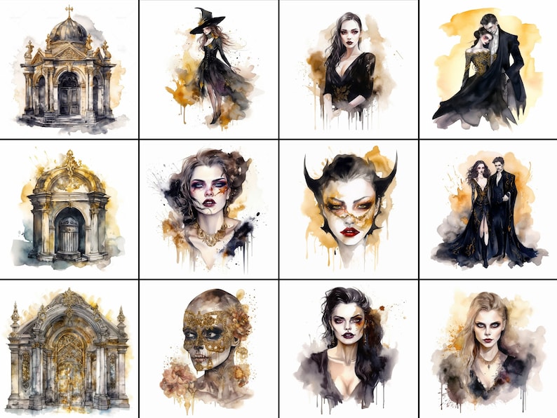 Pode incluir: Uma cole&ccedil;&atilde;o de 12 aquarelas que apresentam arquitetura g&oacute;tica, mulheres com maquiagem dram&aacute;tica e casais em trajes elegantes. As pinturas s&atilde;o sobre um fundo de lavagens de aquarela douradas e pretas.