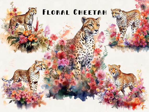 Watercolor Cheetah Clipart: Floral PNG Bundle (Commercial Use)
