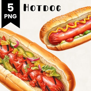 Hotdog Clipart Bundle Commercial Use Watercolor Hotdog Food Digital Design Bundle PNG Files