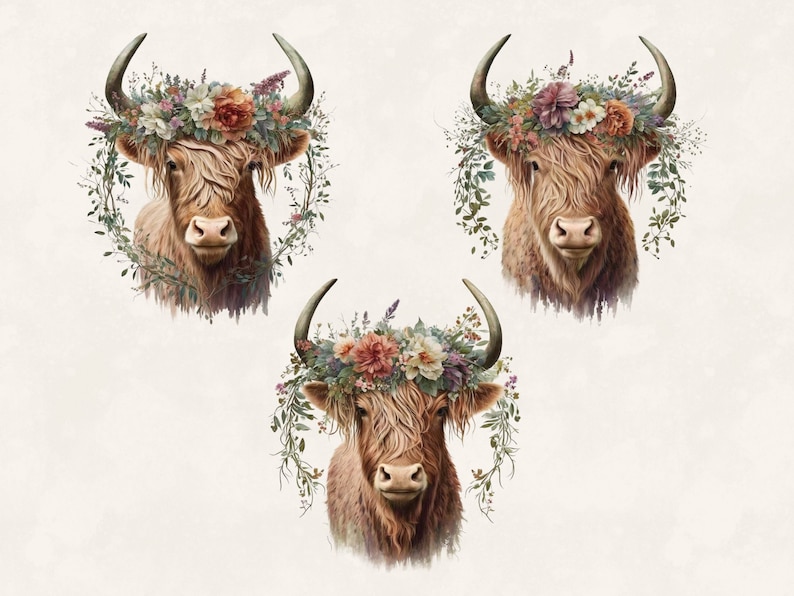 Watercolor Highland Cow Clipart: Flower Crown PNG Bundle (digital ...