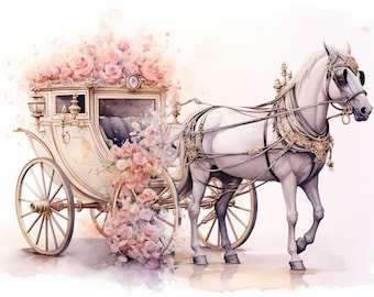 Bloemen paard getrokken koets aquarel clipart: romantische illustratie (digitaal ontwerp)