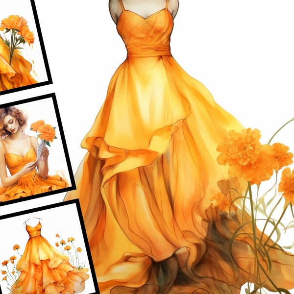 Orange Marigold Dress Clip Art Illustration Commercial Use Abstract Dress Watercolor Bundle Digital Design Wedding Invitation