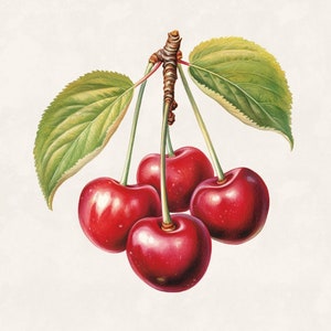 May include: A botanical illustration of four ripe cherries with green leaves. The cherries are a deep red color, with a glossy sheen, and are attached to a brown stem. The leaves are a vibrant green with detailed veining.