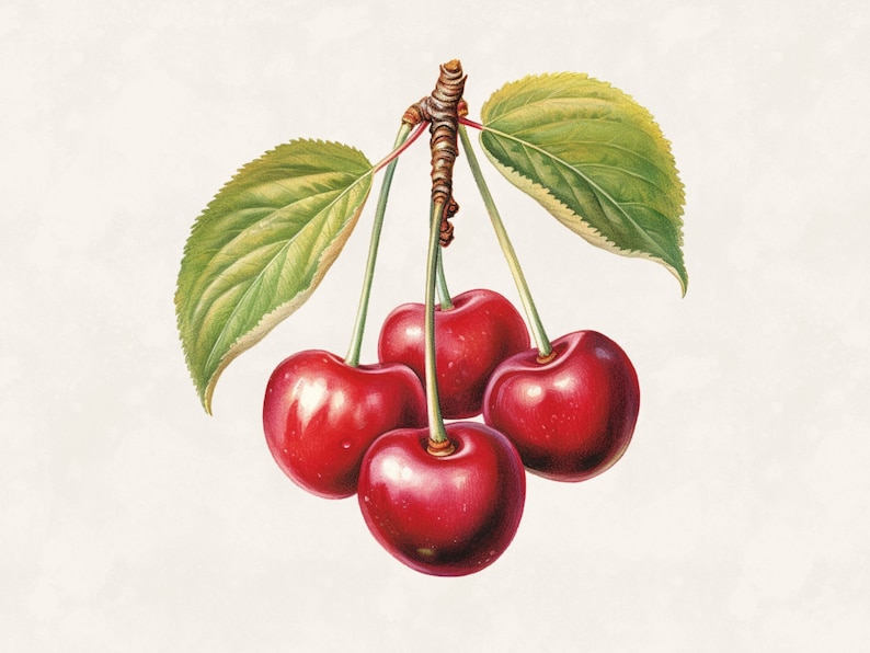 May include: A botanical illustration of four ripe cherries with green leaves. The cherries are a deep red color, with a glossy sheen, and are attached to a brown stem. The leaves are a vibrant green with detailed veining.