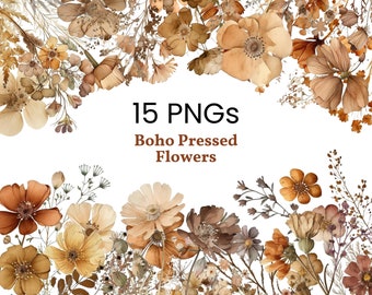 Boho Watercolor Flower Clipart: Pressed Floral PNG Bundle (Digital Download)