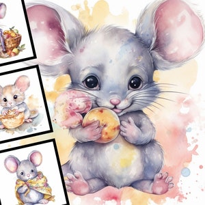 5 bebé ratón ilustración acuarela vivero arte comercial uso diseño Digital paquete animado ratón POD archivos JPG