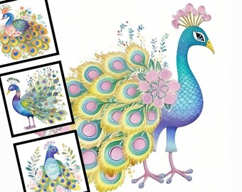 Boho Peacock Watercolor Clipart: Floral Illustration Bundle (JPG Files)