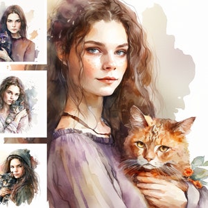 4 ilustrações em aquarela de menina segurando gato, uso comercial permitido, pacote de design digital, artesanato em colagem, JPGs