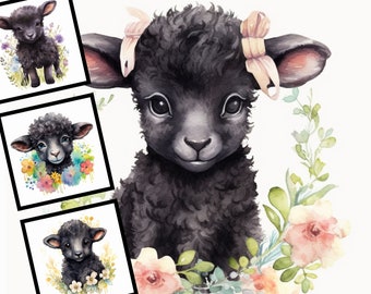 Clipart aquarel zwarte schapen: kinderkamerillustratiebundel (digitale download)