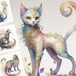 9 Magic Cat Print Art Illustration de chat enchanté Usage commercial Illustration de chat aquarelle Bundle Digital Design Bundle Clip Art POD