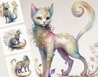 Puede incluir: Una pintura de acuarela de un gato blanco con patrones florales dorados y azules en su pelaje. El gato tiene ojos verdes y una cola enroscada. El fondo es azul claro con patrones florales blancos y dorados.
