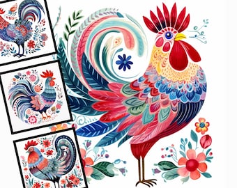 Chicken Folk Art Clipart: Watercolor Floral Illustration (JPG Files)