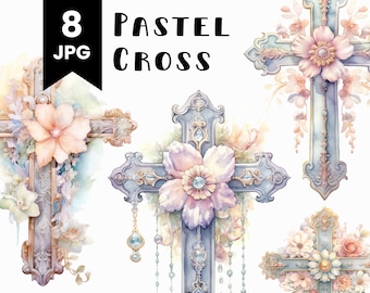 Pastel Cross Clipart: Watercolor Floral Illustration (Digital Download)
