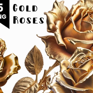 May include: Five gold roses with leaves, a 3D rendering of a bouquet of roses.
