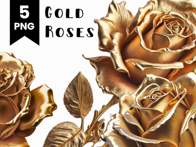 May include: Five gold roses with leaves, a 3D rendering of a bouquet of roses.