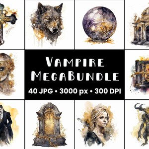 Pode incluir: Um conjunto de 40 ilustra&ccedil;&otilde;es digitais de aquarela sobre um fundo branco. As imagens s&atilde;o tem&aacute;ticas em torno dos vampiros e incluem uma cruz, um lobo, uma bola de cristal, uma igreja g&oacute;tica, uma mulher com uma m&aacute;scara, um livro, um casal, uma l&aacute;pide, uma mulher com cabelo comprido e um dem&ocirc;nio.