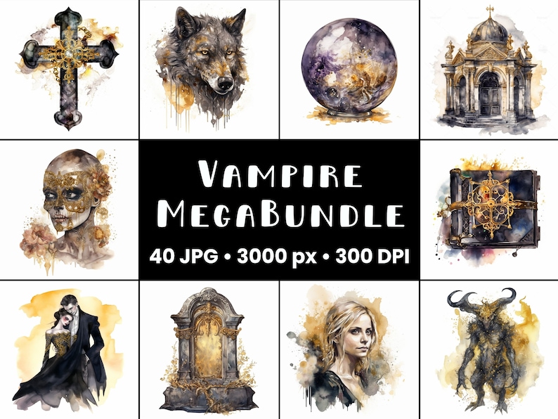 Pode incluir: Um conjunto de 40 ilustra&ccedil;&otilde;es digitais de aquarela sobre um fundo branco. As imagens s&atilde;o tem&aacute;ticas em torno dos vampiros e incluem uma cruz, um lobo, uma bola de cristal, uma igreja g&oacute;tica, uma mulher com uma m&aacute;scara, um livro, um casal, uma l&aacute;pide, uma mulher com cabelo comprido e um dem&ocirc;nio.