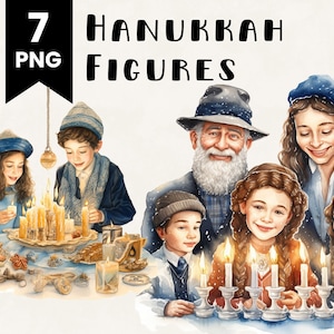 Hanukkah Figures Clipart Winter Aquarelle Illustration Commercial Use Digital Design Bundle pour POD Sublimation Scrapbooking Collage