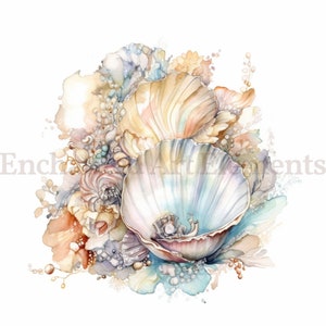 Op de afbeelding: Een aquarel schilderij van een boeket schelpen in tinten blauw, roze en beige. De schelpen zijn in een cluster gerangschikt, met de grootste schelp in het midden. Het schilderij is tegen een witte achtergrond geplaatst.