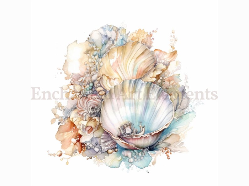Op de afbeelding: Een aquarel schilderij van een boeket schelpen in tinten blauw, roze en beige. De schelpen zijn in een cluster gerangschikt, met de grootste schelp in het midden. Het schilderij is tegen een witte achtergrond geplaatst.