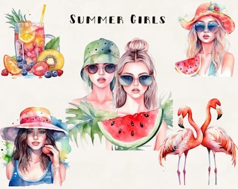 Summer Girls Watercolor Clipart Bundle Flamingo Watermelon Hats Clipart Commercial Use Digital Design Bundle Collage Crafts PNG files