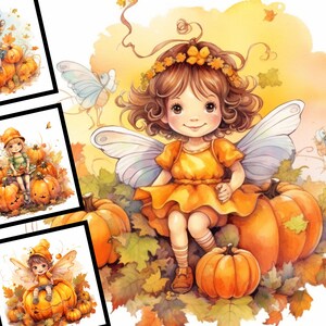 May include: A fairy with brown hair and a yellow dress sits on a large orange pumpkin. She has a pair of wings and a flower crown. The background is a watercolor painting of autumn leaves and pumpkins.