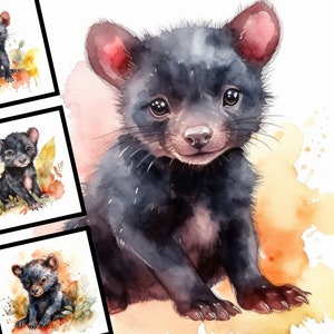 6 Aquarell Baby Tasmanischer Teufel Illustration Kinderzimmer Kunst Kommerzielle Nutzung Digital Design Bundle Tasmanischer Teufel mit Blumen POD JPG Dateien