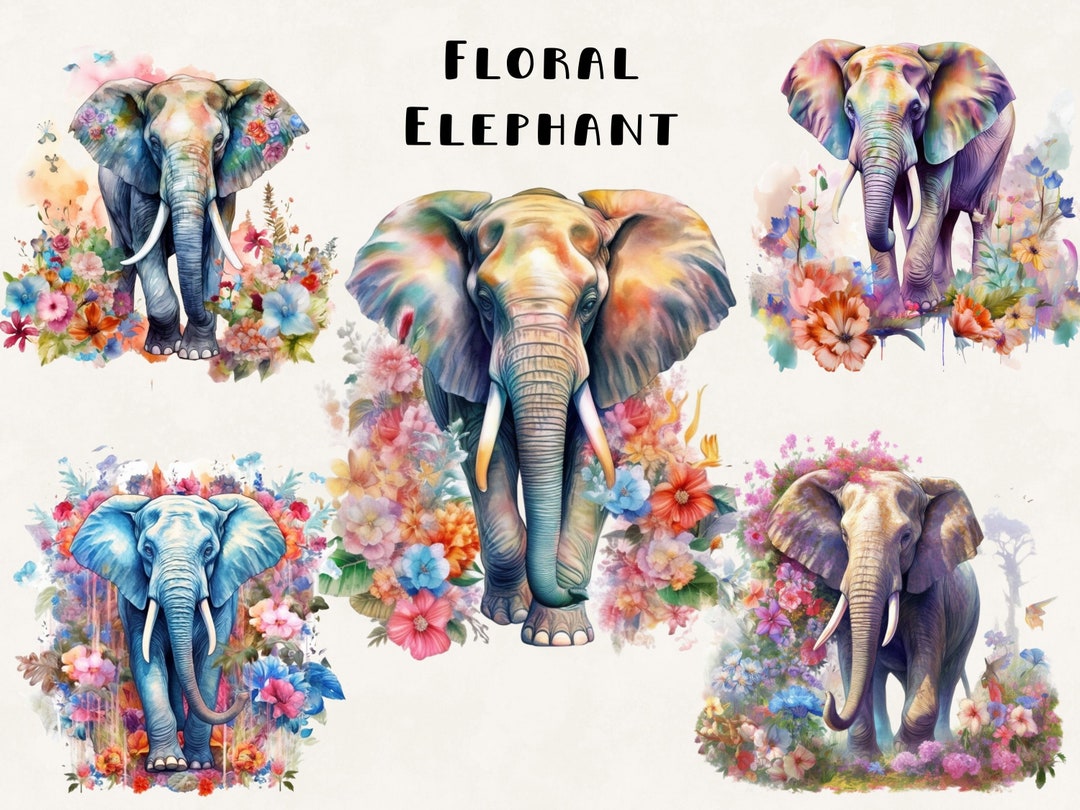 Elephant and Flowers Clipart Bundle Commercial Use Watercolor Jungle