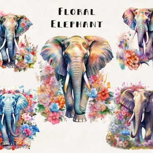 Paquete de imágenes prediseñadas de elefante y flores Uso comercial Elefante de la selva de acuarela en el campo de flores Paquete de diseño digital Archivos PNG