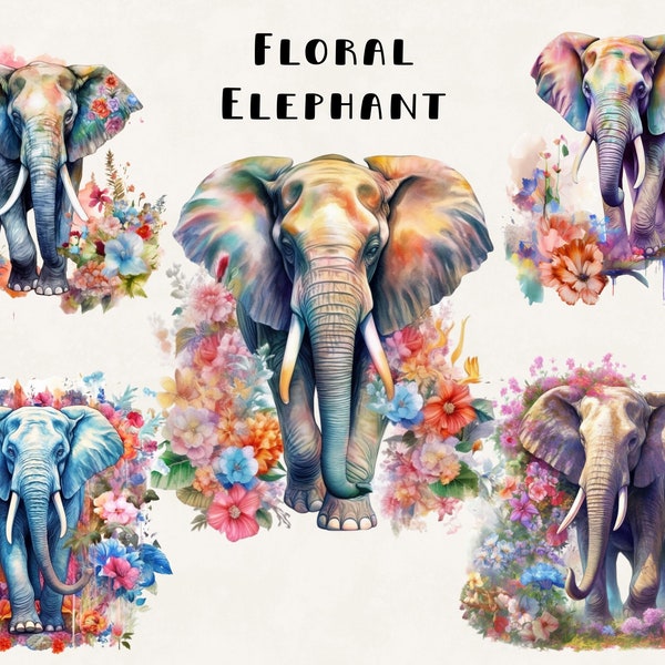Elephant and Flowers Clipart Bundle Commercial Use Watercolor Jungle Elephant in Field of Flowers Digital Design Bundle PNG Files