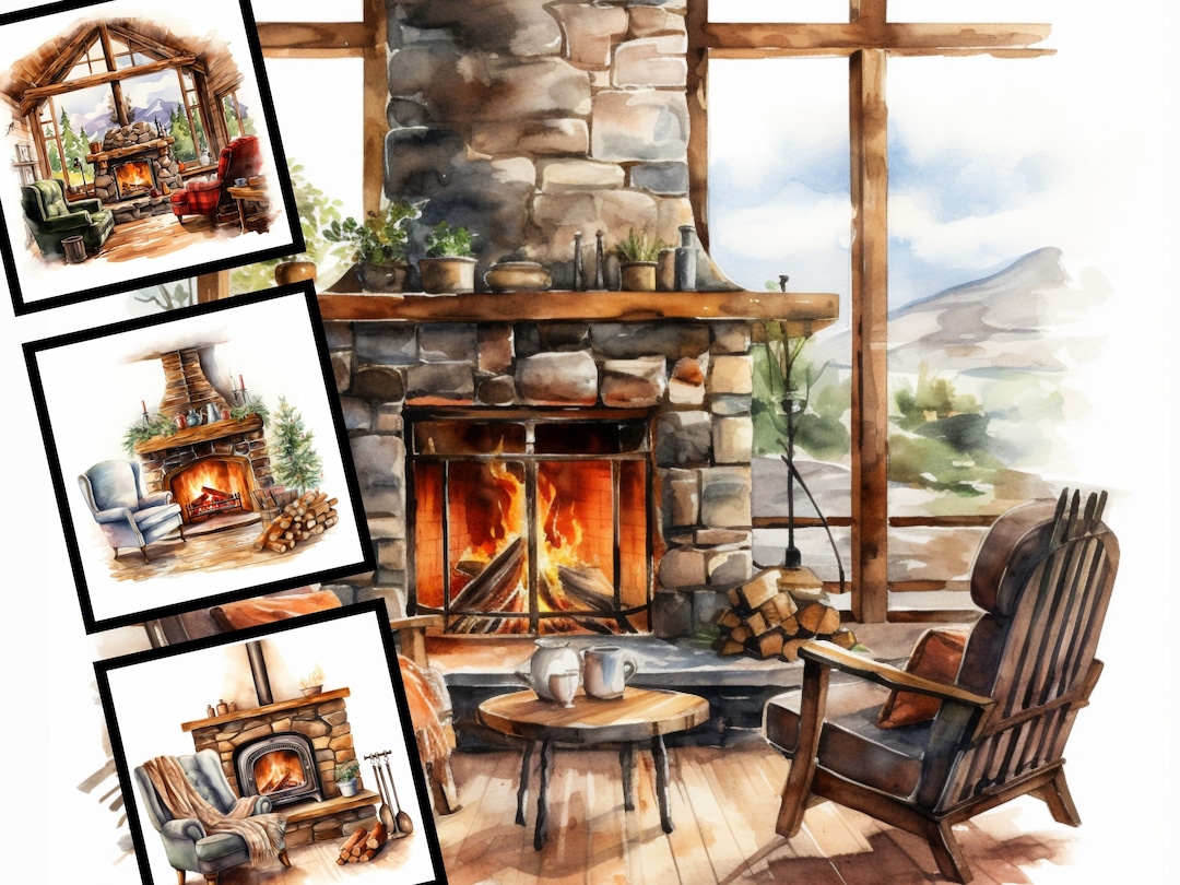 Cabin Fireplace Clipart Watercolor Illustration Cozy Clipart Commercial